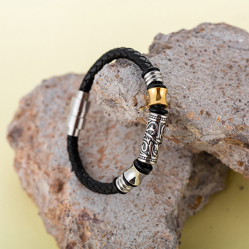 Bracciale in pelle con fibbia in acciaio inossidabile con design floreale della dinastia Tang Buddha Stones