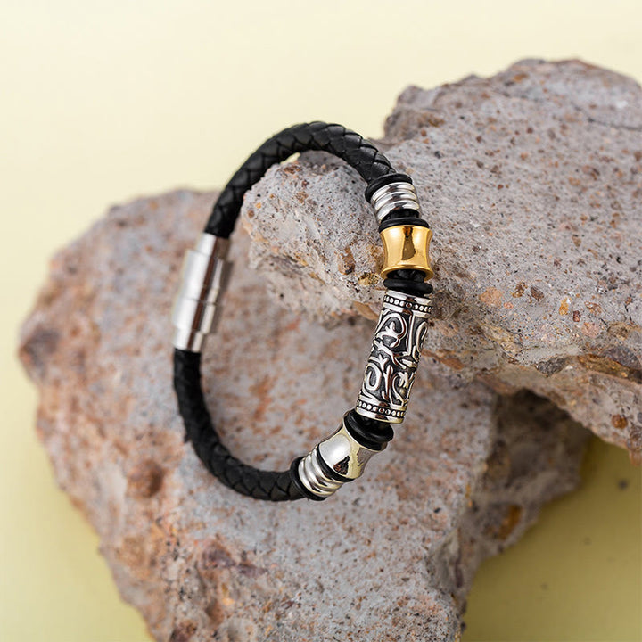 Bracciale in pelle con fibbia in acciaio inossidabile con design floreale della dinastia Tang Buddha Stones