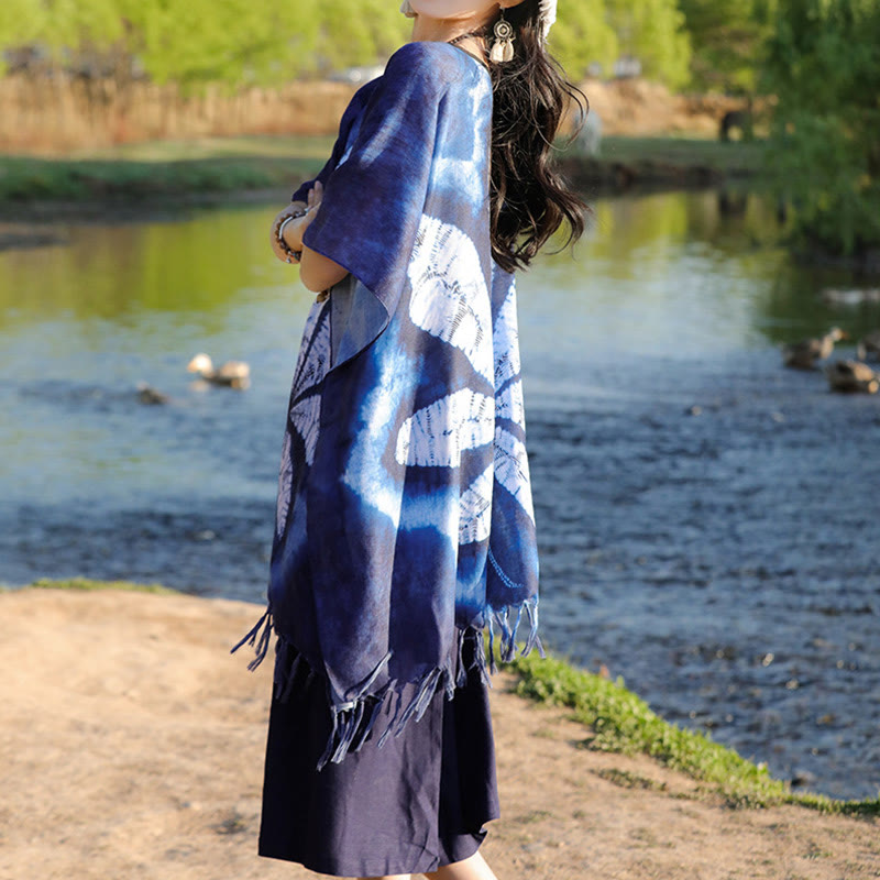 Buddha Stones Blu Batik Scialle Nappe Foglia d'acero Comodo Pullover da viaggio 95*90cm