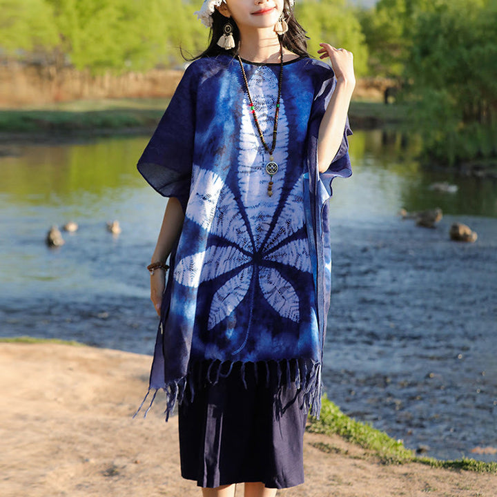 Buddha Stones Blu Batik Scialle Nappe Foglia d'acero Comodo Pullover da viaggio 95*90cm