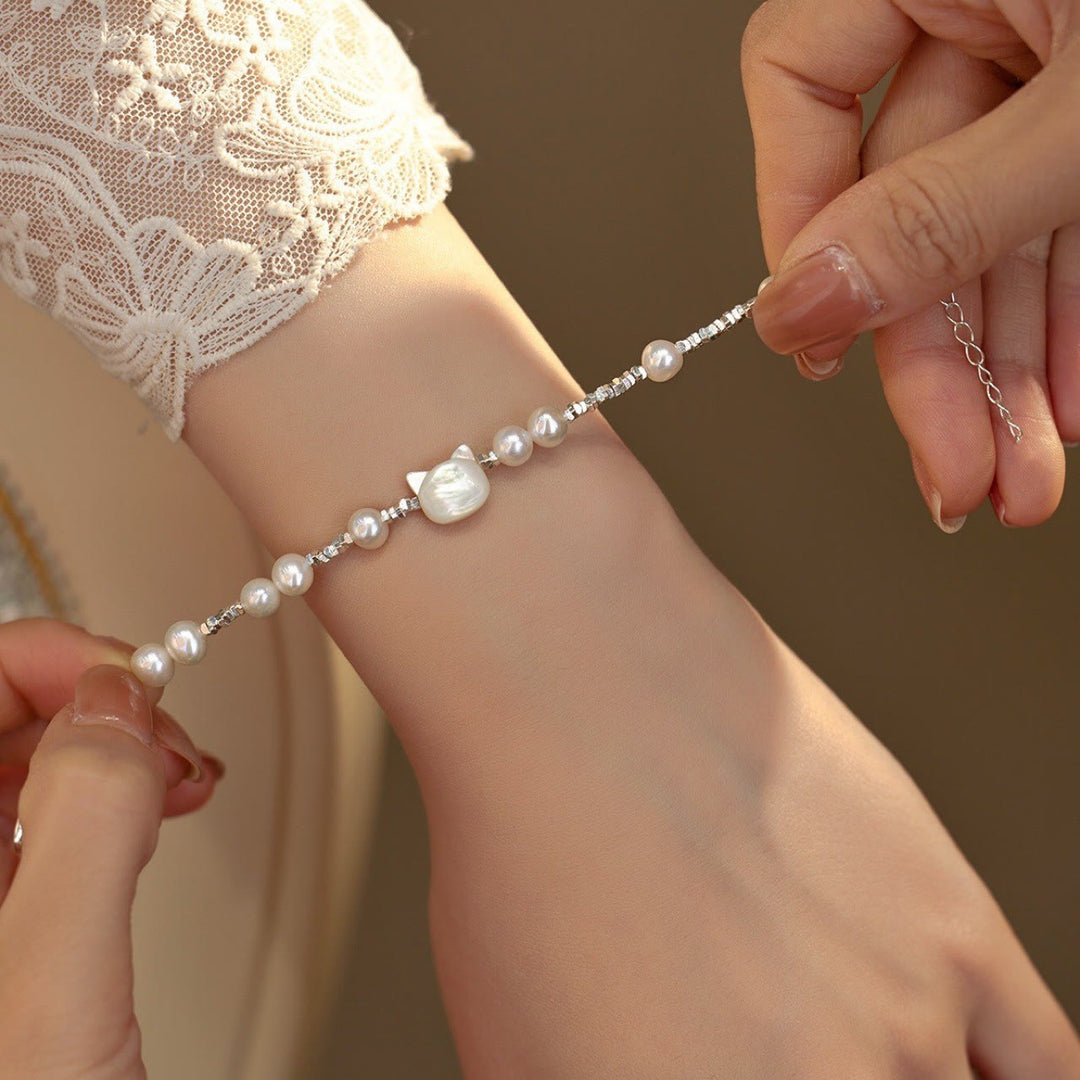 Braccialetto di guarigione con catena in argento e pietra di tridacna con testa di gatto e pietre Buddha Stones - image 4