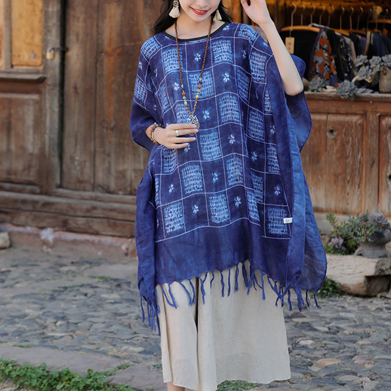 Buddha Stones Blu Color Block Plaid Scialle Nappe Morbido Pullover 90*95cm