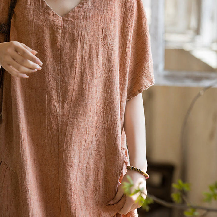 Vestito midi in lino con scollo a V e maniche corte, fatto a mano, con tintura a nodi , Buddha Stones