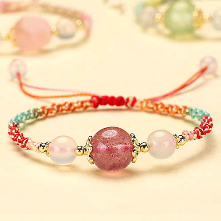 Braccialetto di corda curativa con perline di agata bianca, cristallo rosa e quarzo fragola Buddha Stones