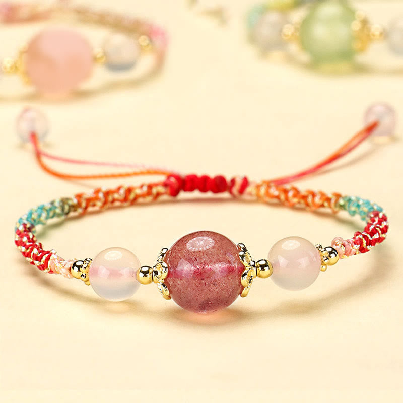 Braccialetto di corda curativa con perline di agata bianca, cristallo rosa e quarzo fragola Buddha Stones