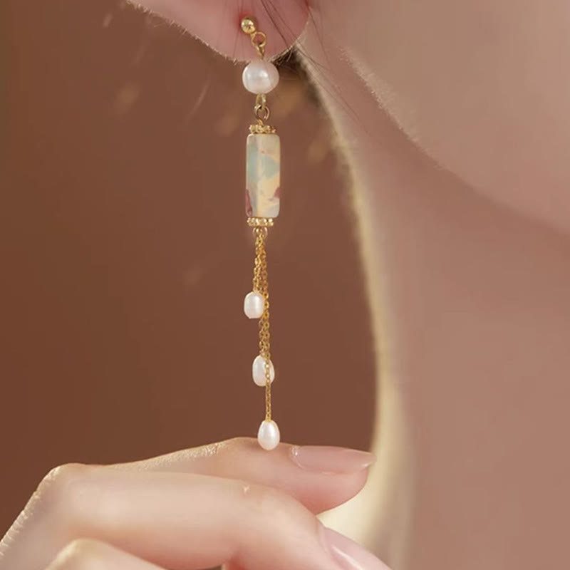 Orecchini pendenti con perle curative in argento sterling 925 Buddha Stones e perle di Shoushan