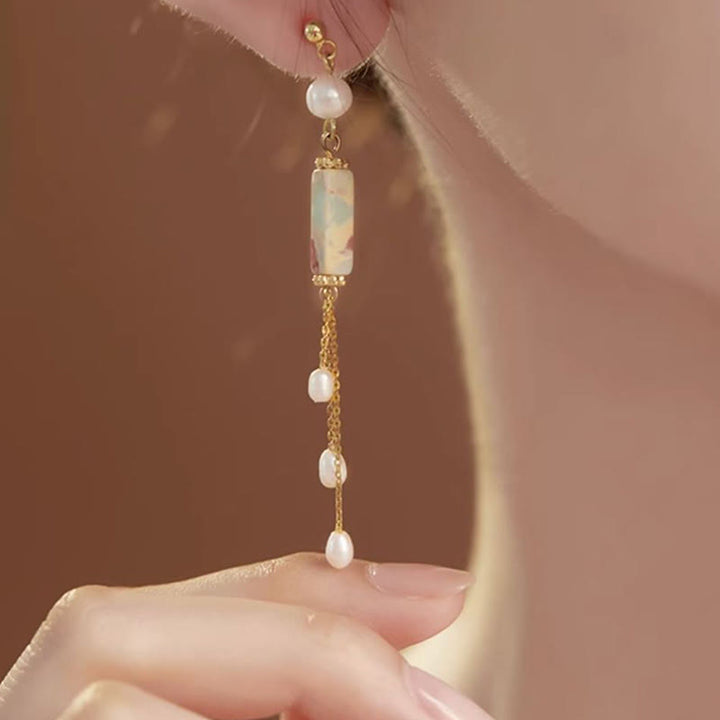 Orecchini pendenti con perle curative in argento sterling 925 Buddha Stones e perle di Shoushan