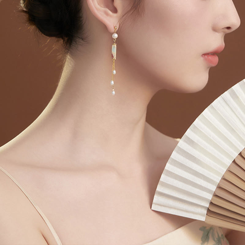 Orecchini pendenti con perle curative in argento sterling 925 Buddha Stones e perle di Shoushan