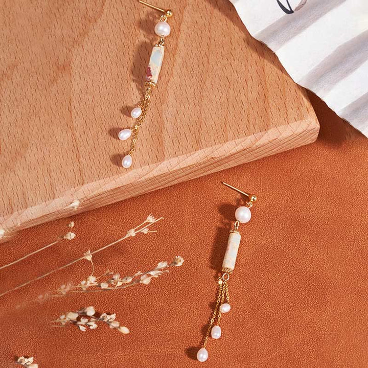 Orecchini pendenti con perle curative in argento sterling 925 Buddha Stones e perle di Shoushan