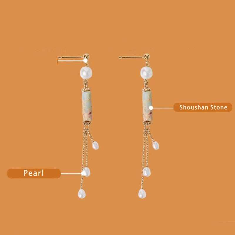 Orecchini pendenti con perle curative in argento sterling 925 Buddha Stones e perle di Shoushan