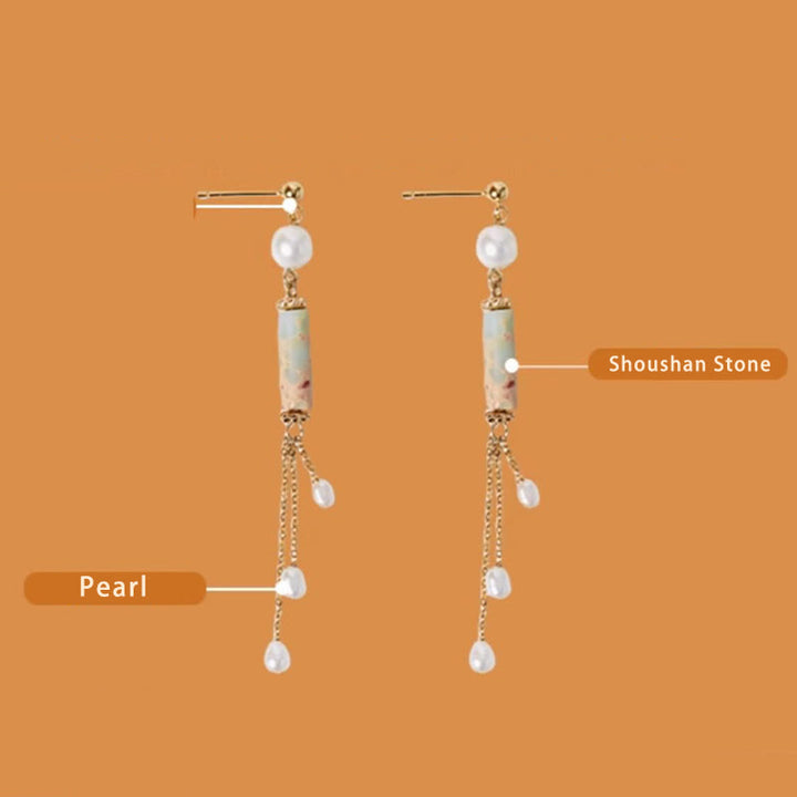 Orecchini pendenti con perle curative in argento sterling 925 Buddha Stones e perle di Shoushan