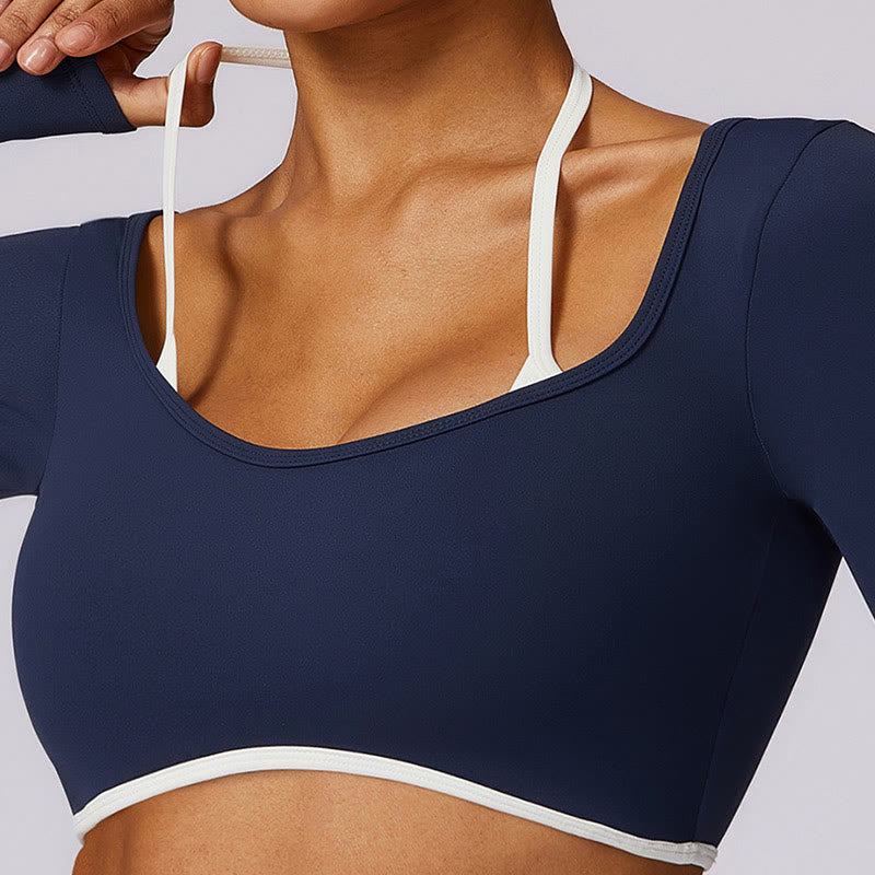 Buddha Stones reggiseno con scollo all'americana tinta unita, manica lunga, canotta corta, pantaloni, sport, fitness, palestra, yoga, outfit