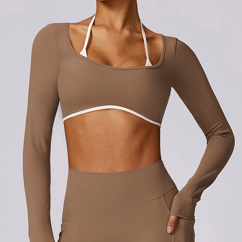 Buddha Stones reggiseno con scollo all'americana tinta unita, manica lunga, canotta corta, pantaloni, sport, fitness, palestra, yoga, outfit