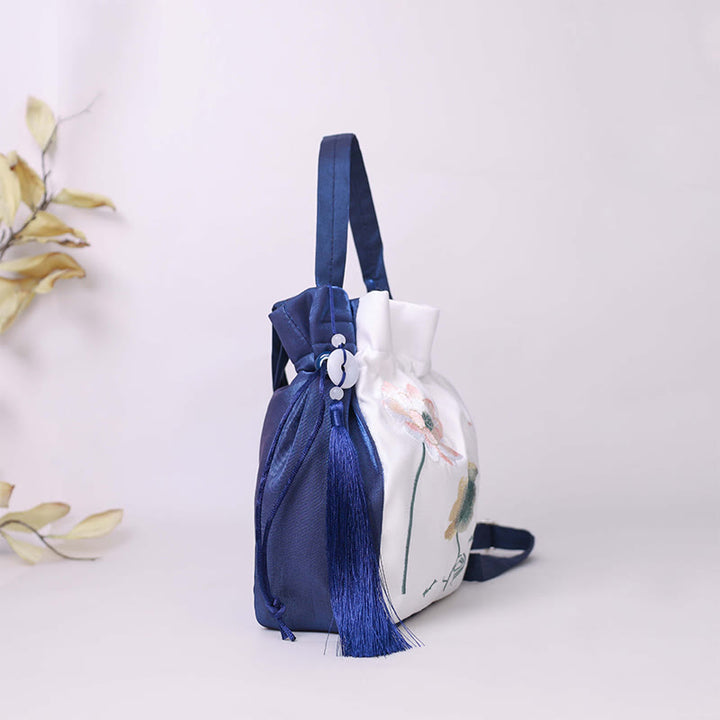 Borsa a tracolla in cotone e lino con Buddha Stones ricamate, motivo: loto, pesce Koi, gru, camelia, borsa a tracolla