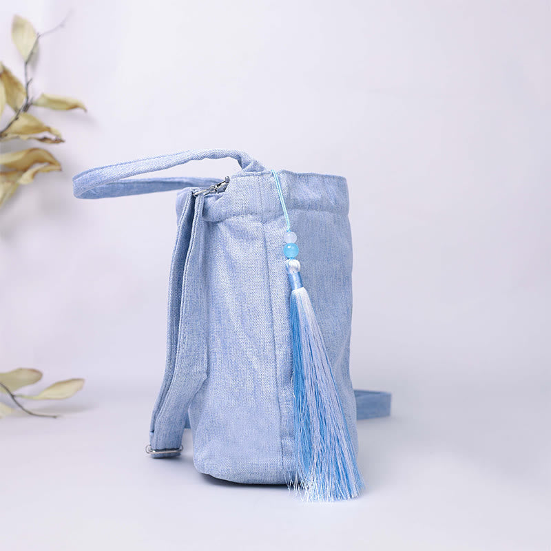 Buddha Stones Ricamo Glicine Prugna Loto Ciliegio Fiore Cotone Lino Tela Tote Borsa A Tracolla Borsa A Mano