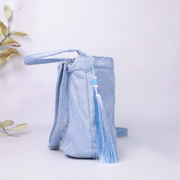 Buddha Stones Ricamo Glicine Prugna Loto Ciliegio Fiore Cotone Lino Tela Tote Borsa A Tracolla Borsa A Mano