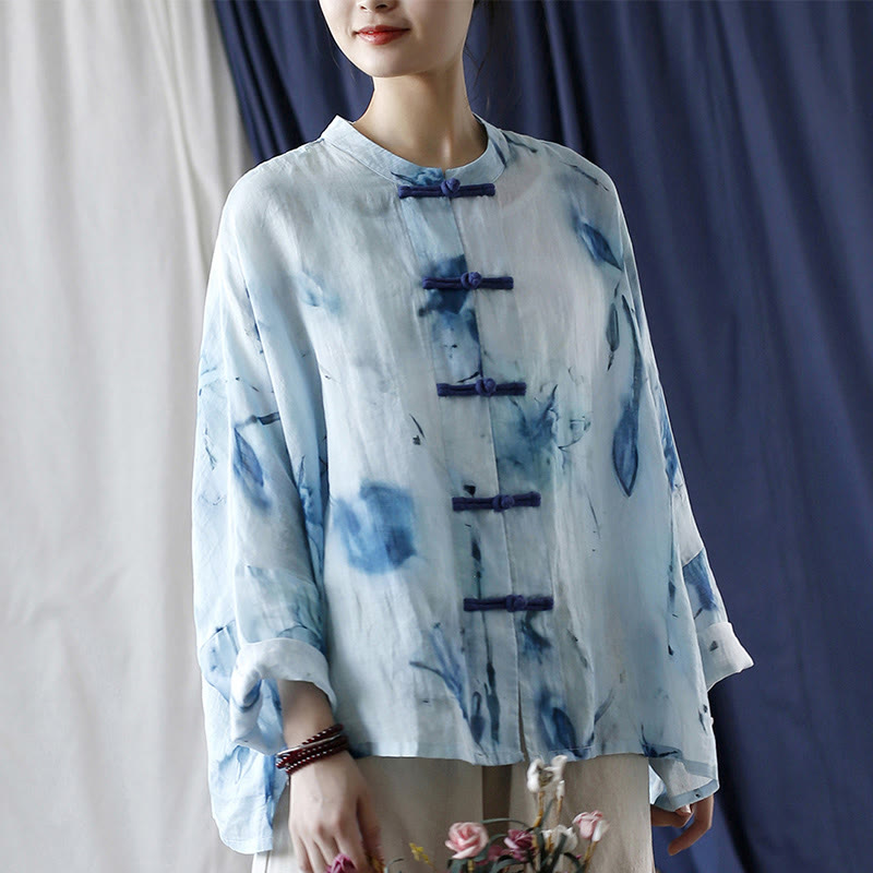 Camicia giacca in lino ramiè a maniche lunghe con motivo tie-dye, fiori blu e bottoni a rana , Buddha Stones