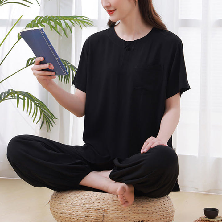 Buddha Stones 2 pezzi mezza manica T-shirt pantaloni meditazione Zen Tai Chi cotone lino abbigliamento unisex set