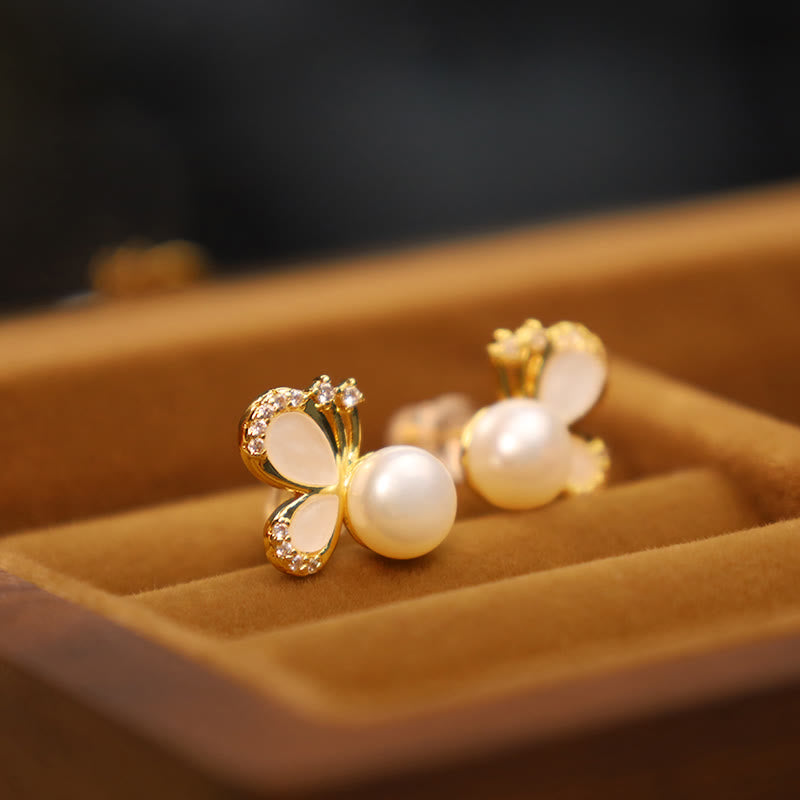 Orecchini a bottone curativi con perle naturali in rame placcato oro 18K, Buddha Stones, argento sterling 925, farfalla e zircone