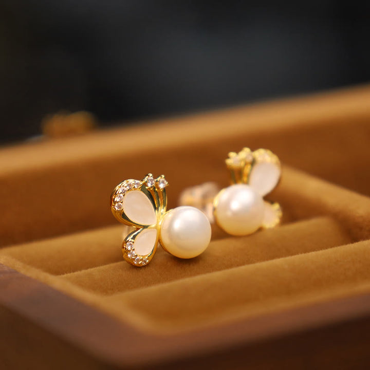 Orecchini a bottone curativi con perle naturali in rame placcato oro 18K, Buddha Stones, argento sterling 925, farfalla e zircone