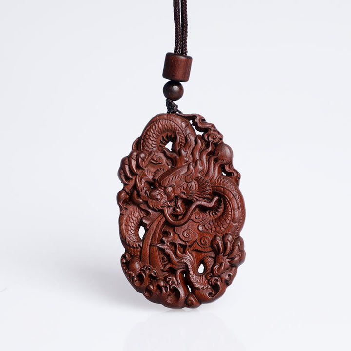 Buddha Stones Fulmine Legno di Giuggiola Doppio Drago in Rilievo Allontanare gli Spiriti Maligni Collana Pendente