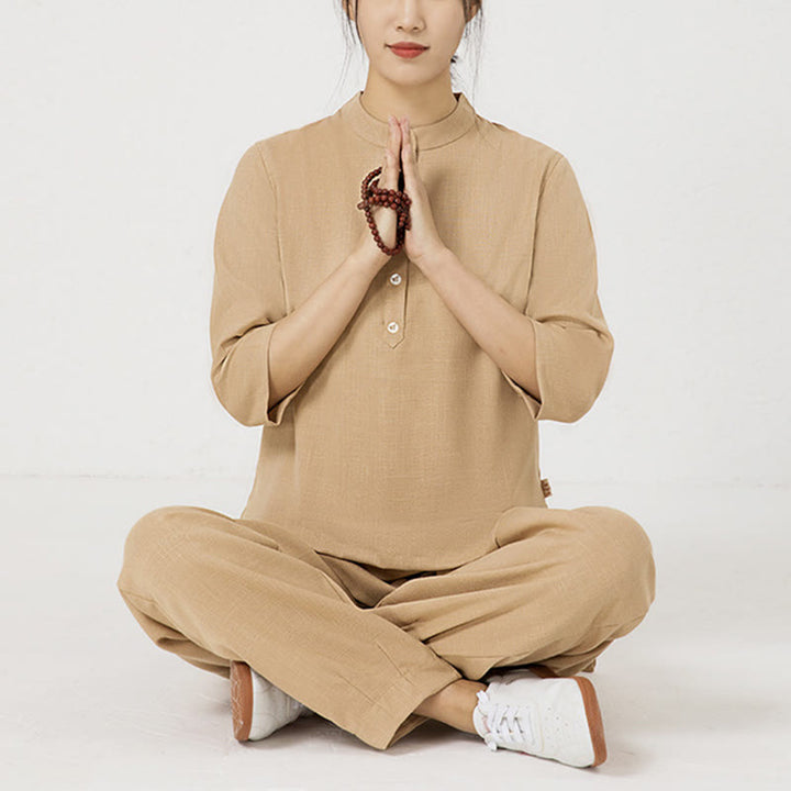 Buddha Stones 2 pezzi bottoni tre quarti manica camicia top pantaloni meditazione zen tai chi cotone lino abbigliamento donna set