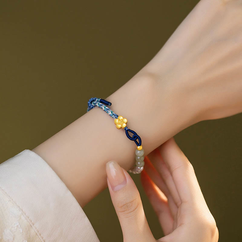 Braccialetto della fortuna intrecciato con perle e fiori di pesco in giada Hetian in argento sterling 925 Buddha Stones