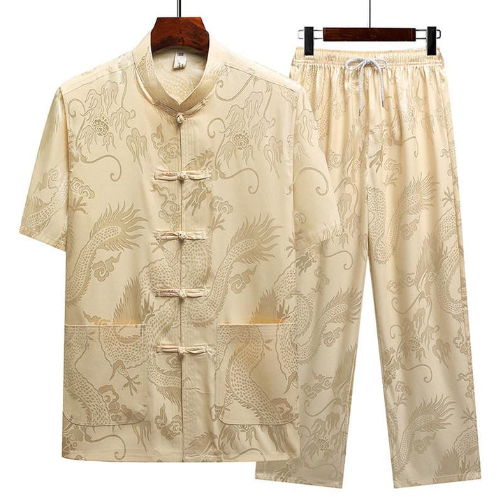Buddha Stones Modello di drago Abito Tang Hanfu Uniforme tradizionale Maniche corte Pantaloni Abbigliamento Set da uomo - Beige (Top e pantaloni) - US/UK/AU44, EU54 (4XL) - image 13
