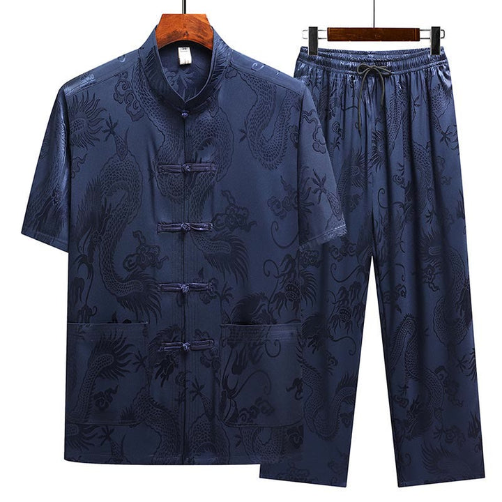 Buddha Stones Modello di drago Abito Tang Hanfu Uniforme tradizionale Maniche corte Pantaloni Abbigliamento Set da uomo - Blu navy (top e pantaloni) - US/UK/AU44, EU54 (4XL) - image 22