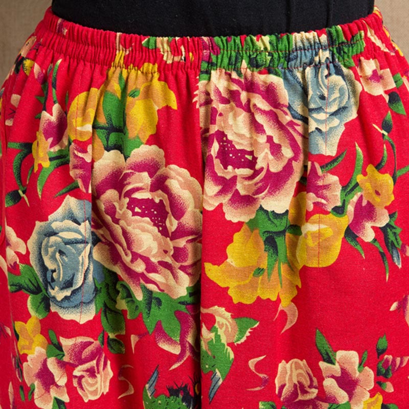 Pantaloni harem con stampa di fiori rossi e verdi in stile etnico Buddha Stones con tasche - image 5