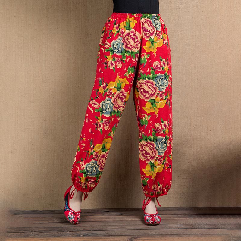 Pantaloni harem con stampa di fiori rossi e verdi in stile etnico Buddha Stones con tasche - Fiori rossi e blu - US4, UK/AU8, EU36-38 (F) - image 0