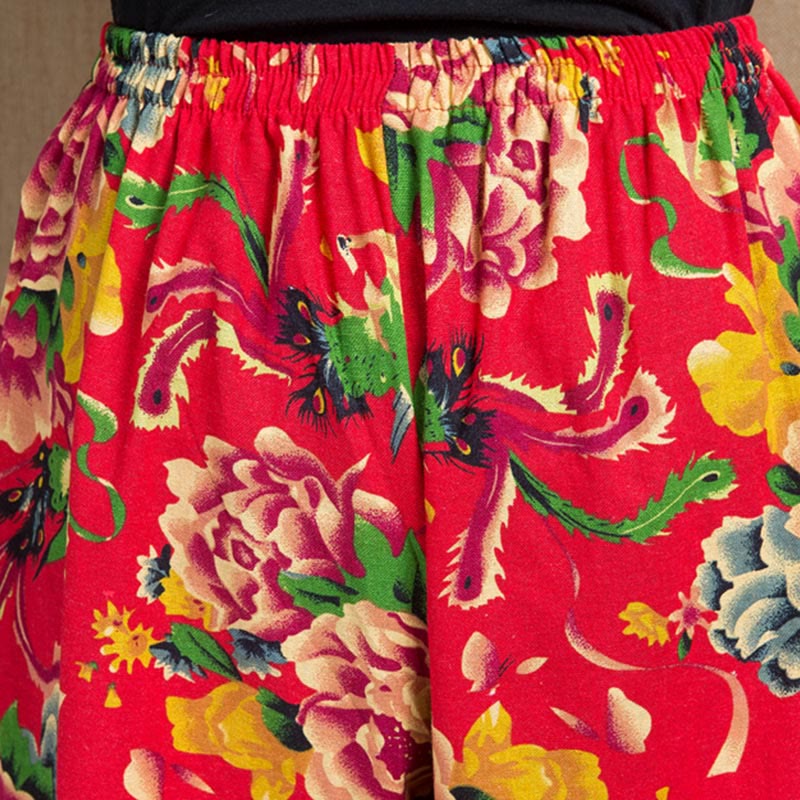 Pantaloni harem con stampa di fiori rossi e verdi in stile etnico Buddha Stones con tasche - image 3