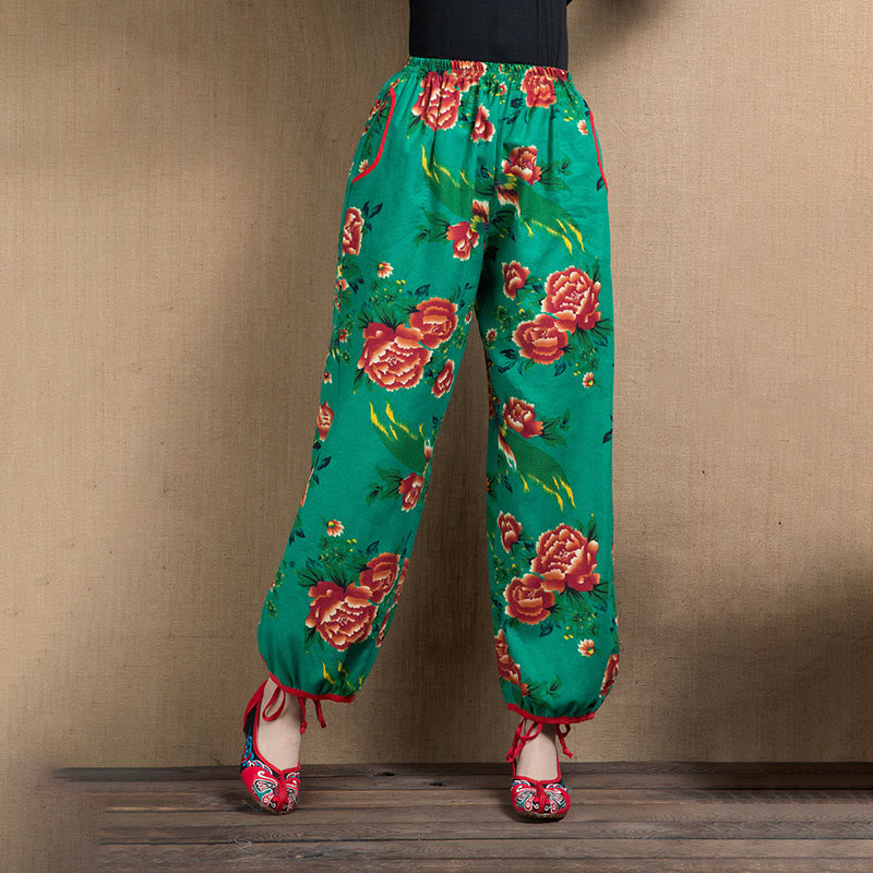 Pantaloni harem con stampa di fiori rossi e verdi in stile etnico Buddha Stones con tasche - Fiori verdi - US4, UK/AU8, EU36-38 (F) - image 10