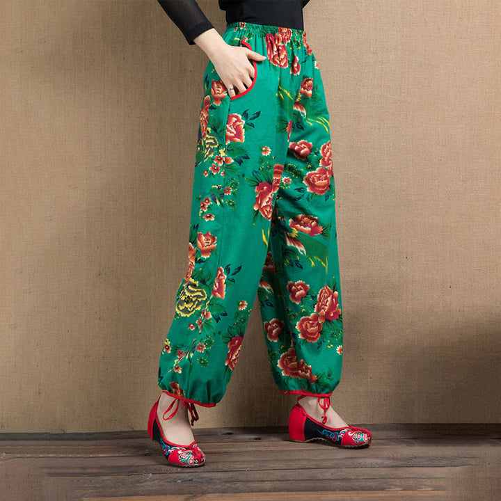 Pantaloni harem con stampa di fiori rossi e verdi in stile etnico Buddha Stones con tasche - image 12