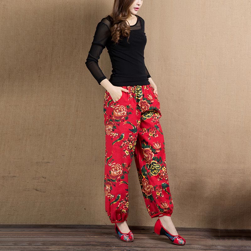 Pantaloni harem con stampa di fiori rossi e verdi in stile etnico Buddha Stones con tasche - image 19