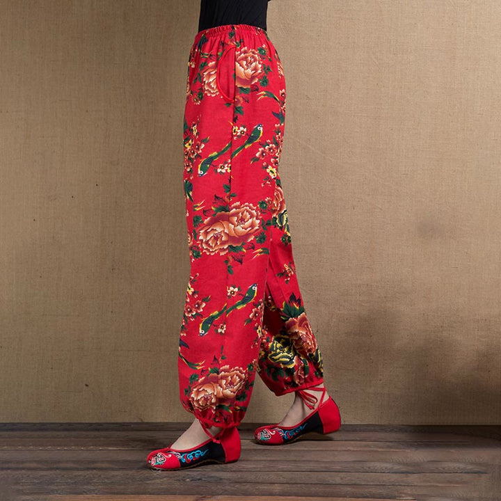 Pantaloni harem con stampa di fiori rossi e verdi in stile etnico Buddha Stones con tasche - image 18