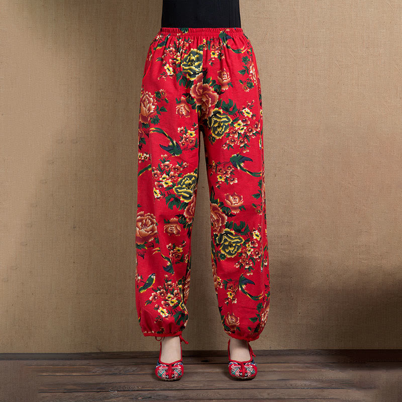 Pantaloni harem con stampa di fiori rossi e verdi in stile etnico Buddha Stones con tasche - Fiori rossi e gialli - US4, UK/AU8, EU36-38 (F) - image 16