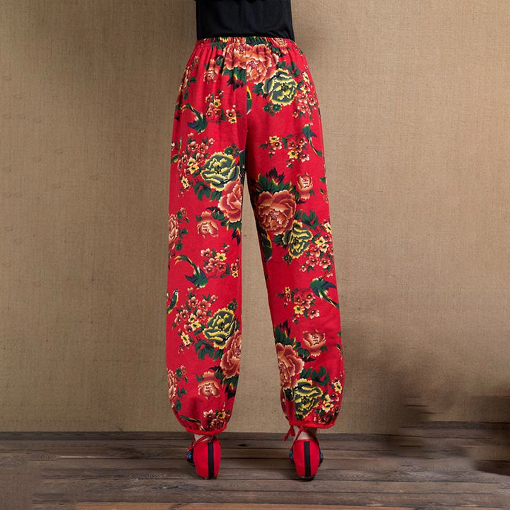 Pantaloni harem con stampa di fiori rossi e verdi in stile etnico Buddha Stones con tasche - image 17