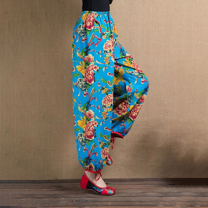 Pantaloni harem con stampa di fiori rossi e verdi in stile etnico Buddha Stones con tasche - image 29