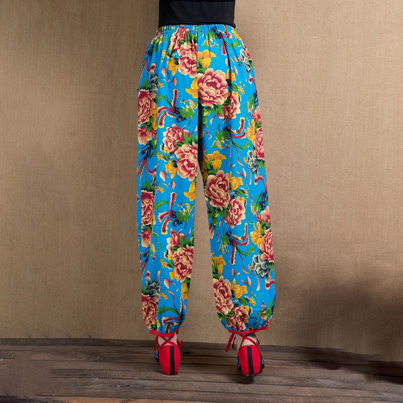 Pantaloni harem con stampa di fiori rossi e verdi in stile etnico Buddha Stones con tasche - image 28