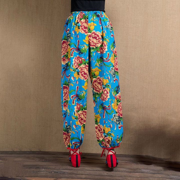 Pantaloni harem con stampa di fiori rossi e verdi in stile etnico Buddha Stones con tasche - image 28