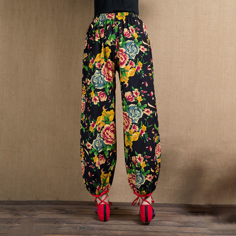 Pantaloni harem con stampa di fiori rossi e verdi in stile etnico Buddha Stones con tasche - image 34