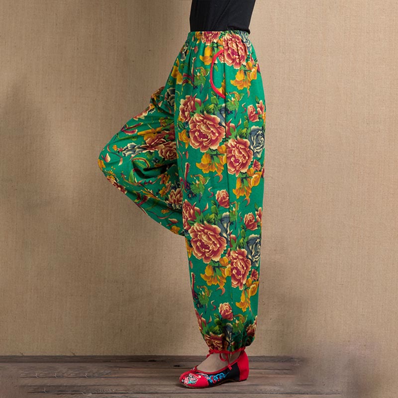 Pantaloni harem con stampa di fiori rossi e verdi in stile etnico Buddha Stones con tasche - image 41