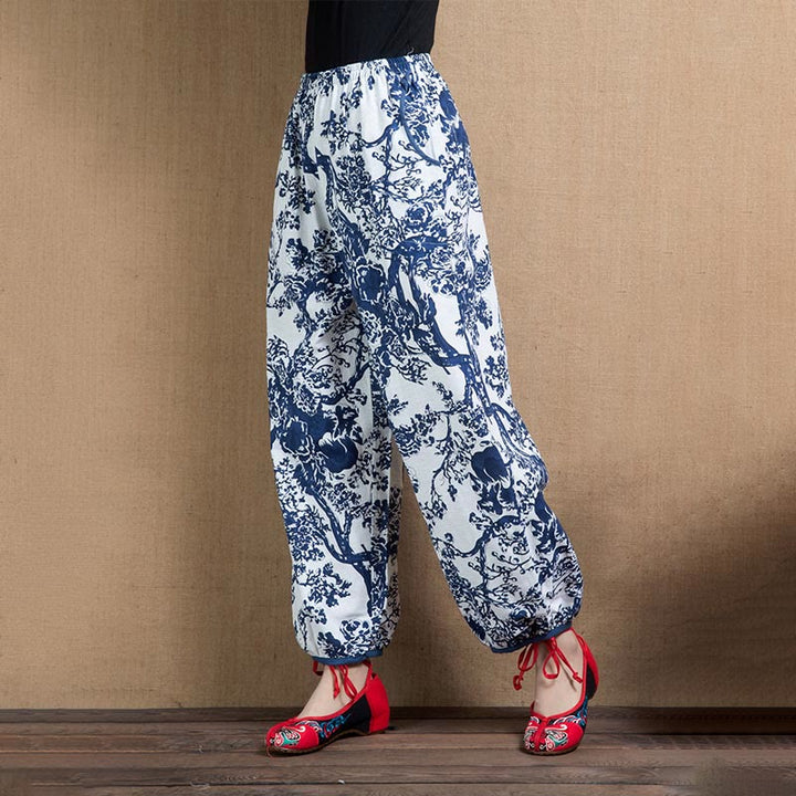 Pantaloni harem con stampa di fiori di albero blu Buddha Stones con tasche - image 1