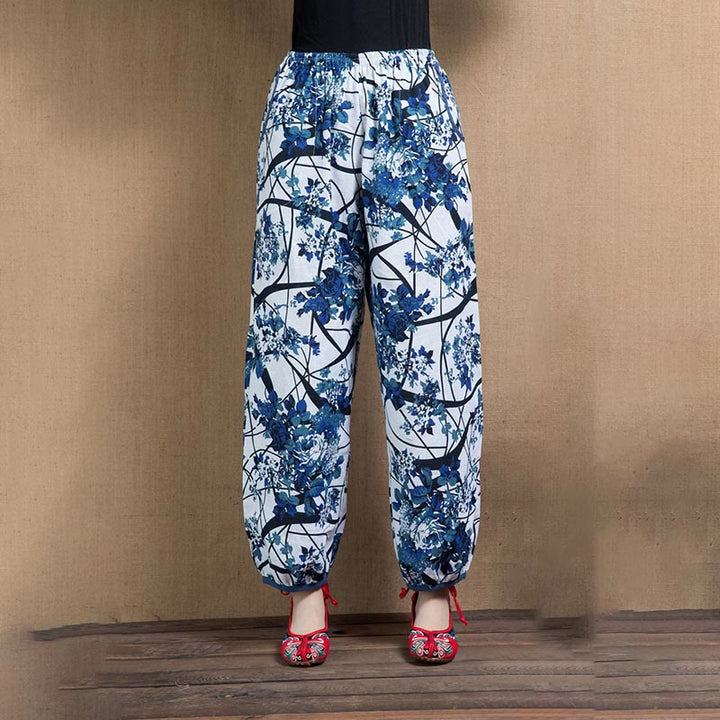 Pantaloni harem con stampa di fiori di albero blu Buddha Stones con tasche - Fiori blu - US4, UK/AU8, EU36-38 (F) - image 6