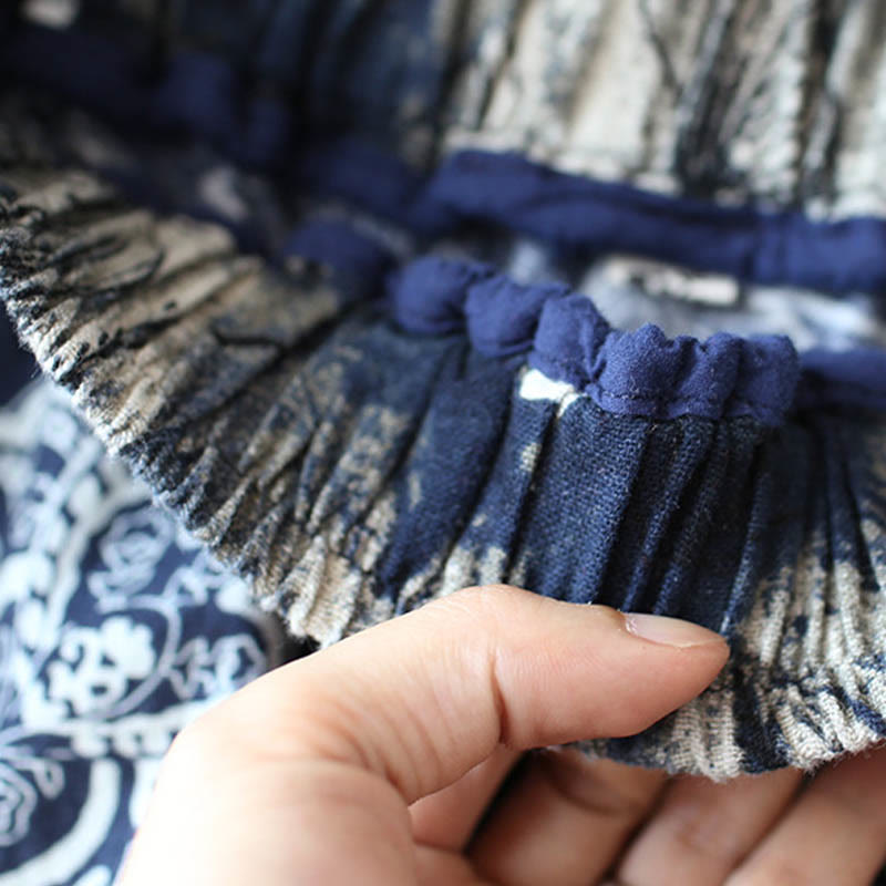 Pantaloni harem in cotone e lino patchwork con tasche, Buddha Stones, fiori di peonia blu e rossi