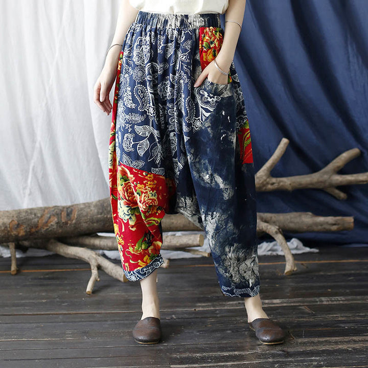 Pantaloni harem in cotone e lino patchwork con tasche, Buddha Stones, fiori di peonia blu e rossi