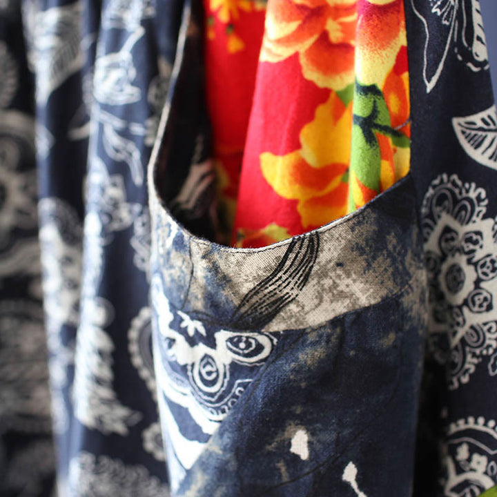 Pantaloni harem in cotone e lino patchwork con tasche, Buddha Stones, fiori di peonia blu e rossi