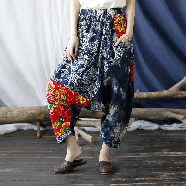 Pantaloni harem in cotone e lino patchwork con tasche, Buddha Stones, fiori di peonia blu e rossi