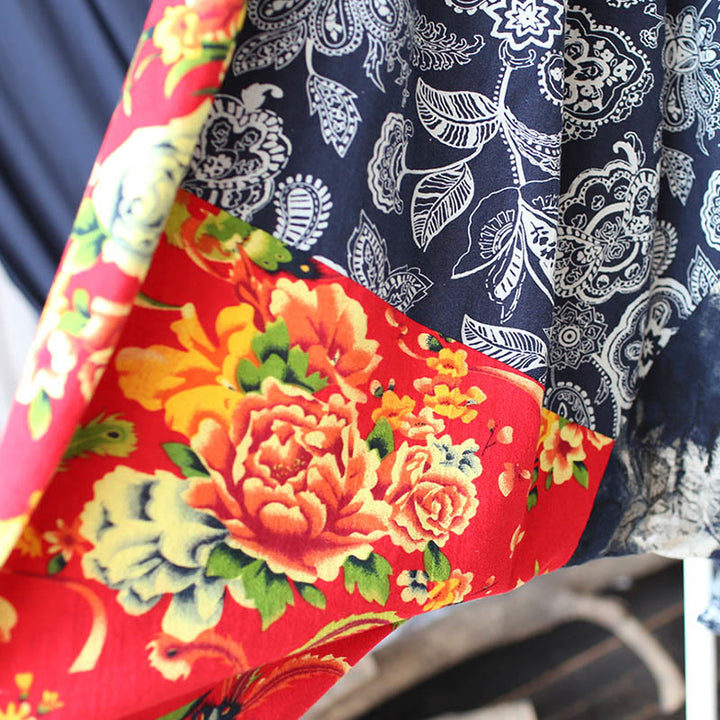 Pantaloni harem in cotone e lino patchwork con tasche, Buddha Stones, fiori di peonia blu e rossi